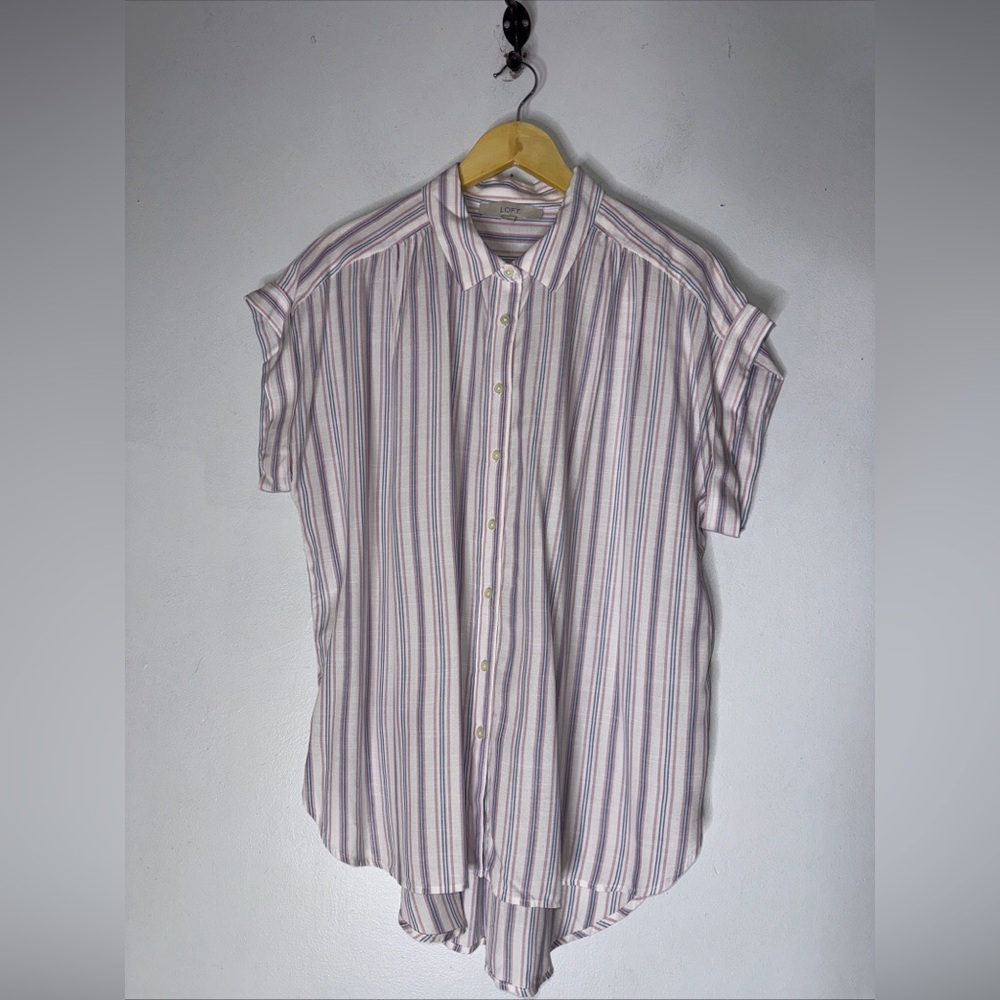 Loft Pink Blue White Stripe Short Sleeve Collar Button Down Large‎